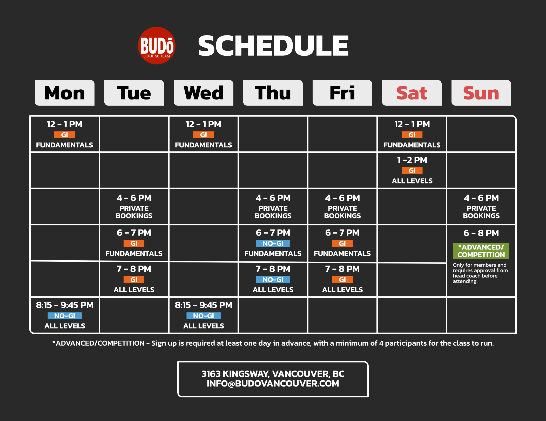 Budo Vancouver weekly class schedule - Gi and No-Gi BJJ classes